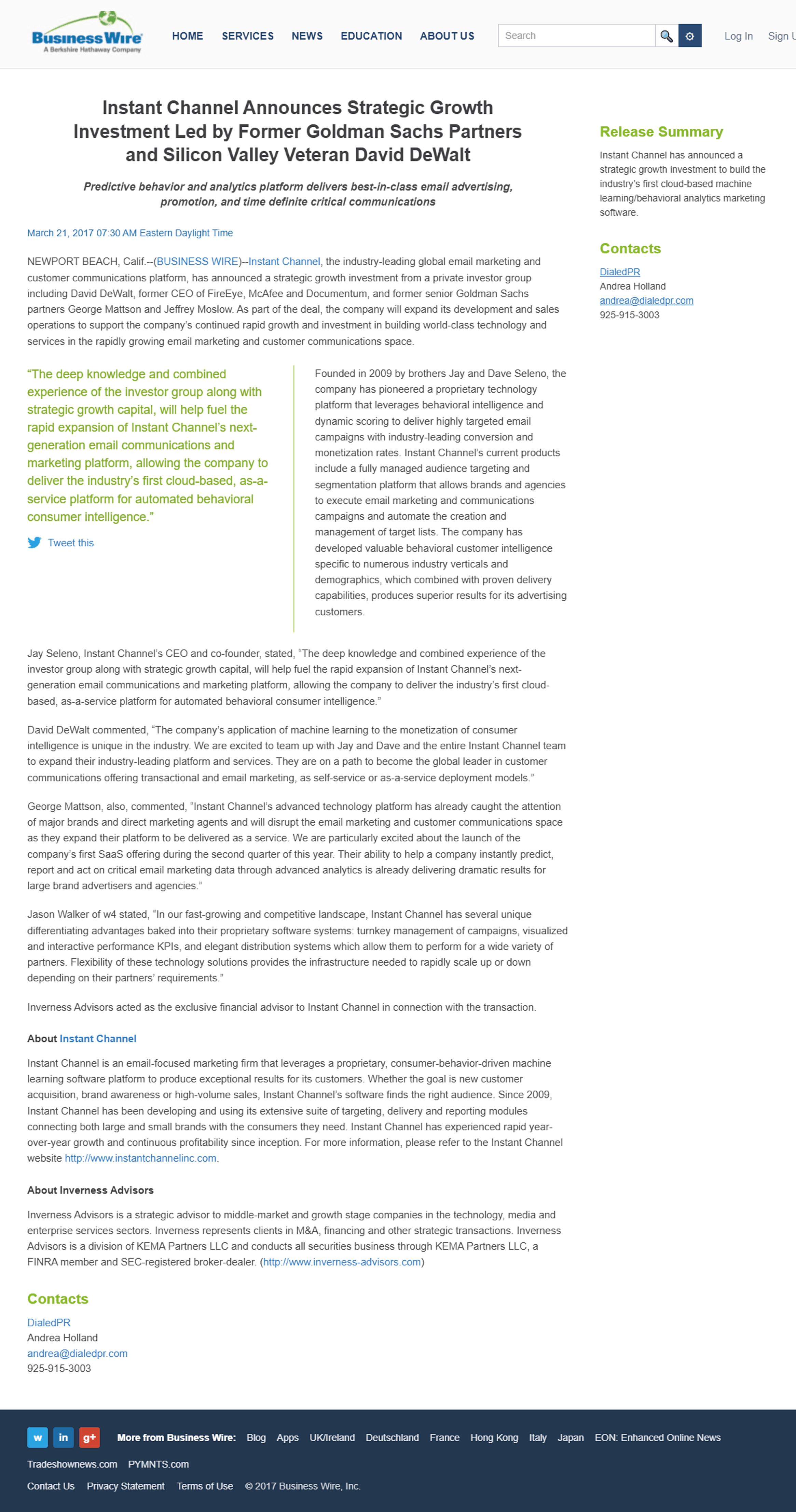 Top of the Business Wire press release: 'Instant Channel Announces Strategic Growth Investment Led by Former Goldman Sachs Partners and Silicon Valley Veteran David DeWalt,' dated March 21, 2017.